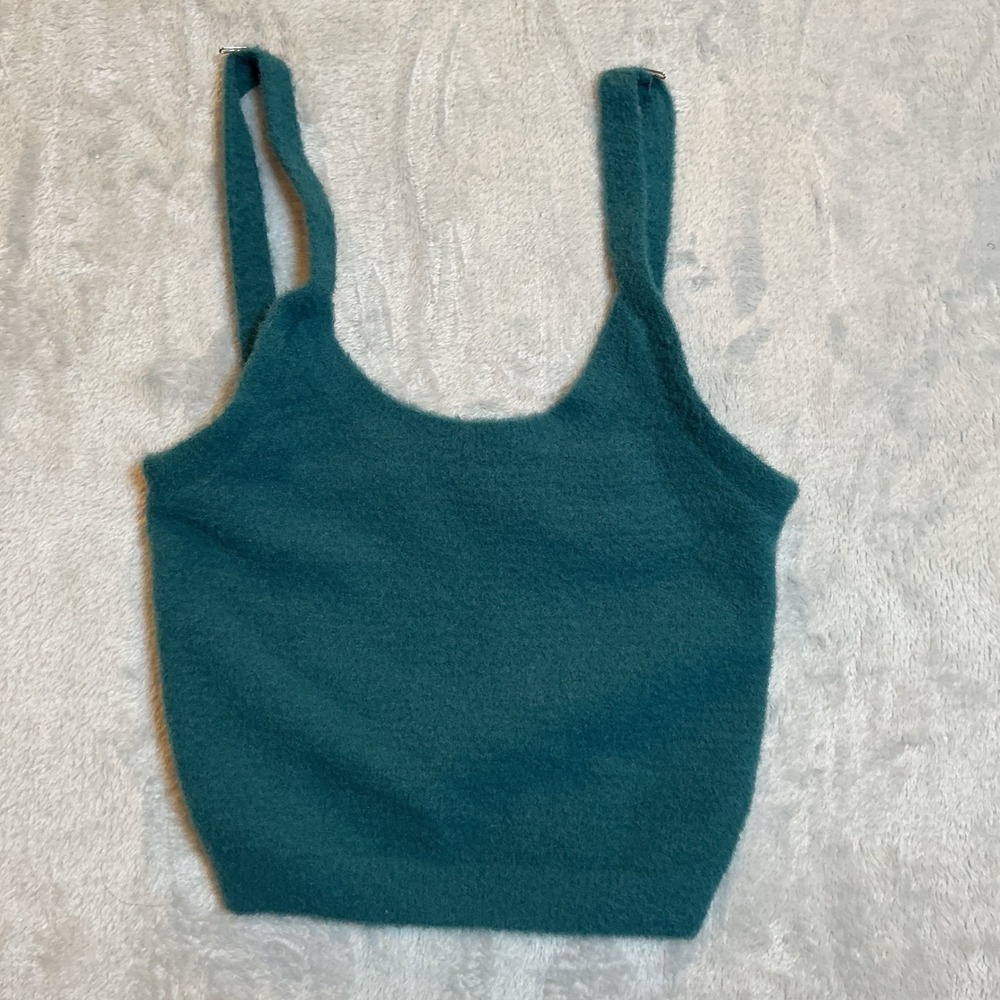 Wilfred Free Aritzia Knit Tank Top Teal Blue Fuzzy Scoop Neck Small